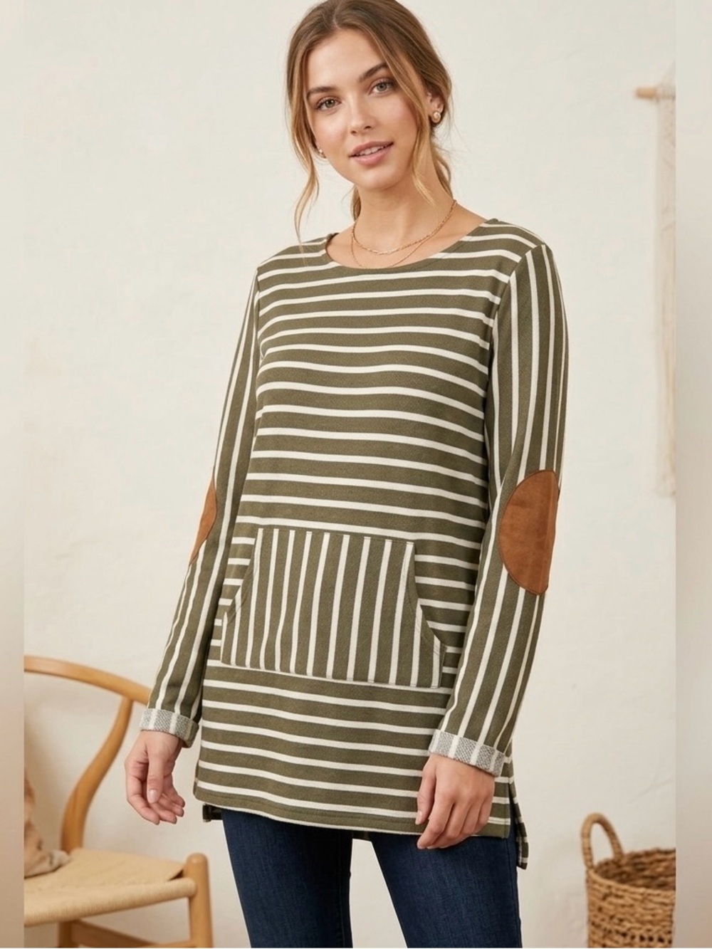 Ella Mara Olive Striped Tunic with Elbow Patches – NIB Size Medium